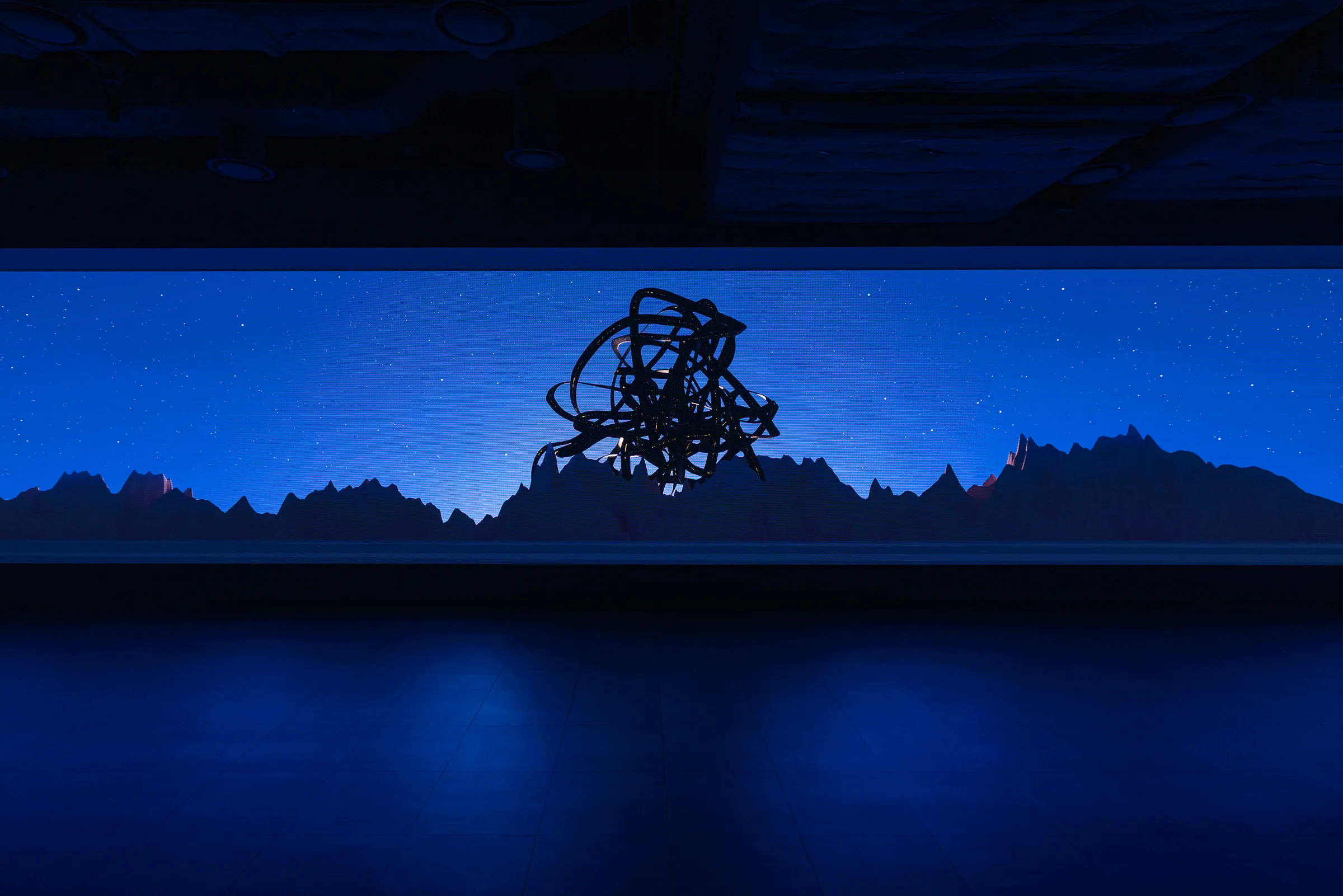 Minhyeok Seo, Post-Vanishing (2026) — single-channel video, sound, 2'05. A black city-creature surfacing over a city after humans.