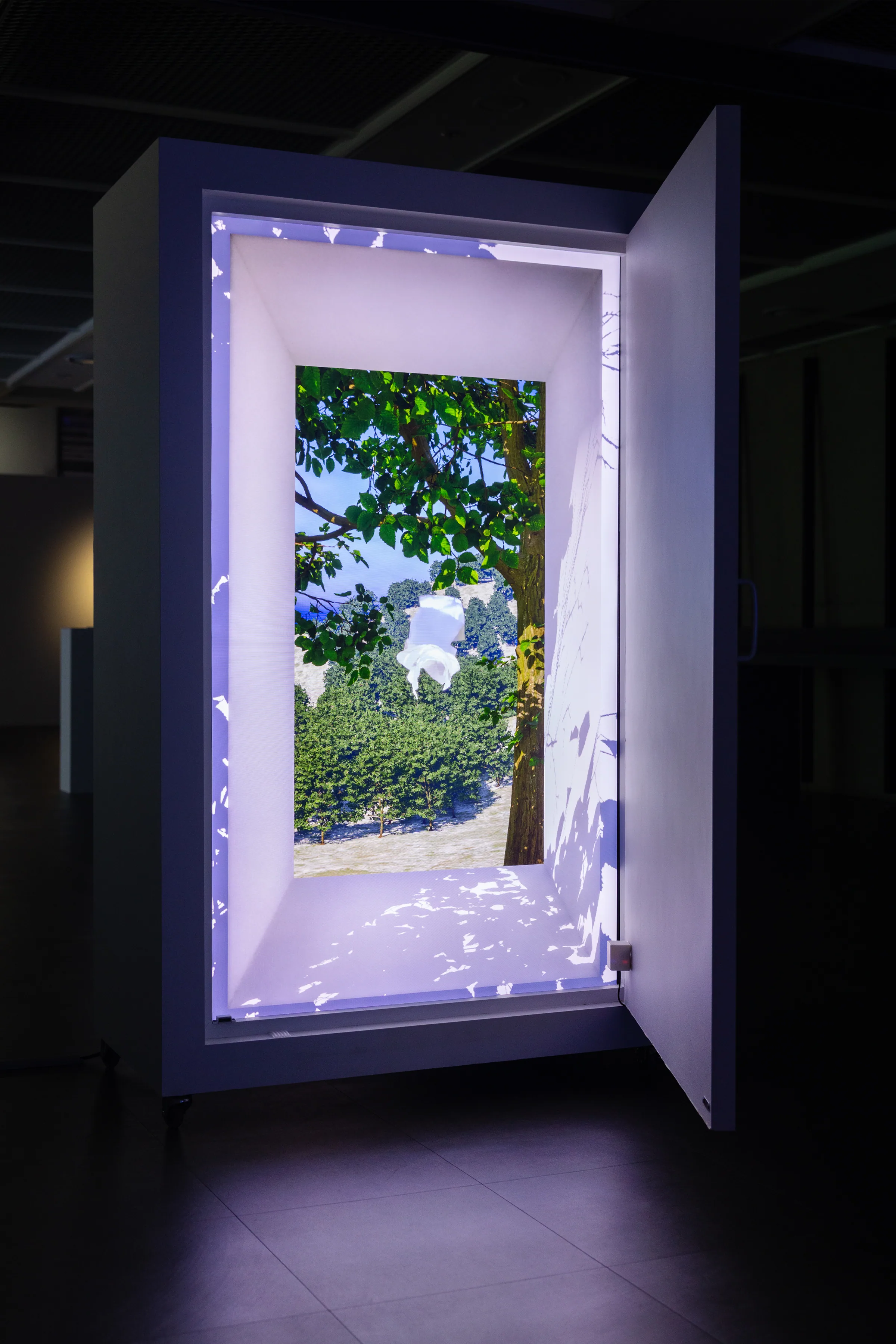 Minhyeok Seo, City'scape + Tied (2026) — the small door opens onto a summer treeline beyond the screen; the wider it opens, the stronger the wind that follows.