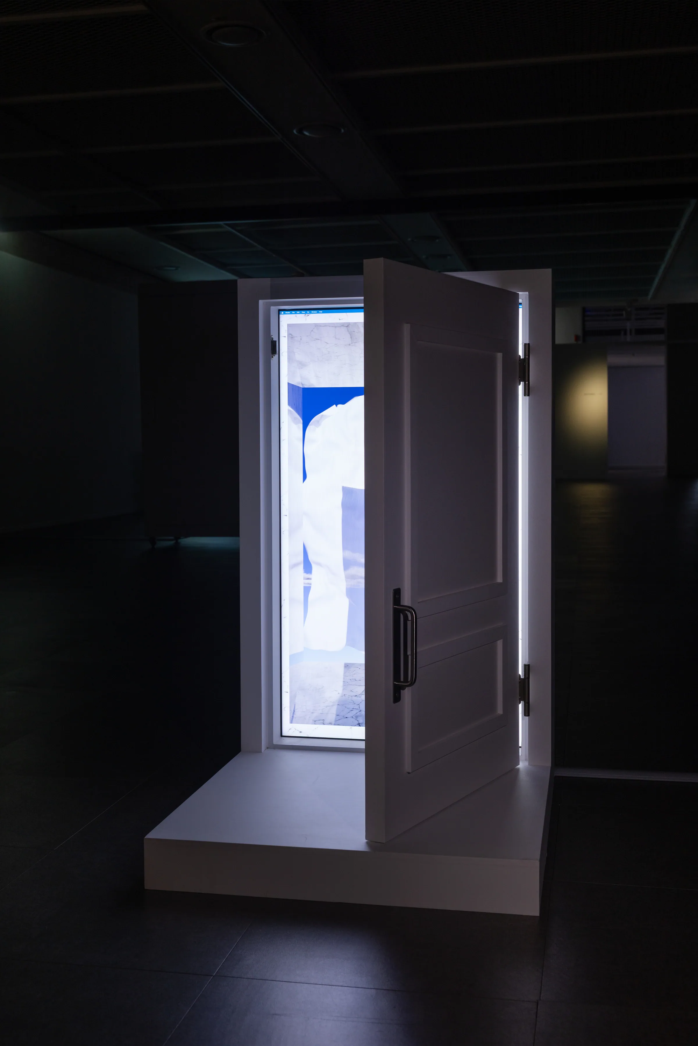 Minhyeok Seo, City'scape + Tied (2026) — the large door opens to reveal the landscape behind the screen; closing it returns the visitor to ordinary reality.