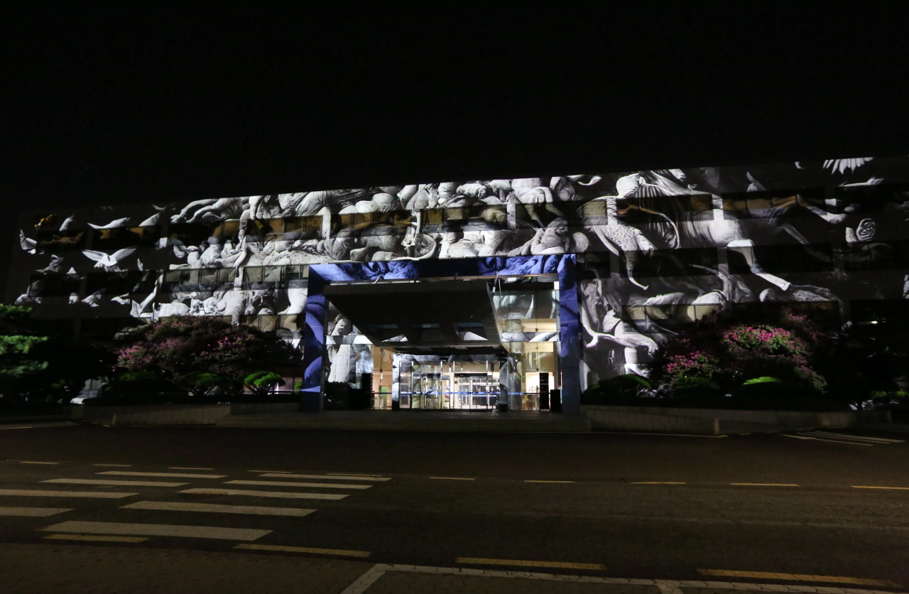 Technosphere: UNITE D’HABITATION (2024) by Euan Kang, Intae Hwang — Site-specific Projection mapping 4 '30" projection, Two Channel Audio; image 3 of 6